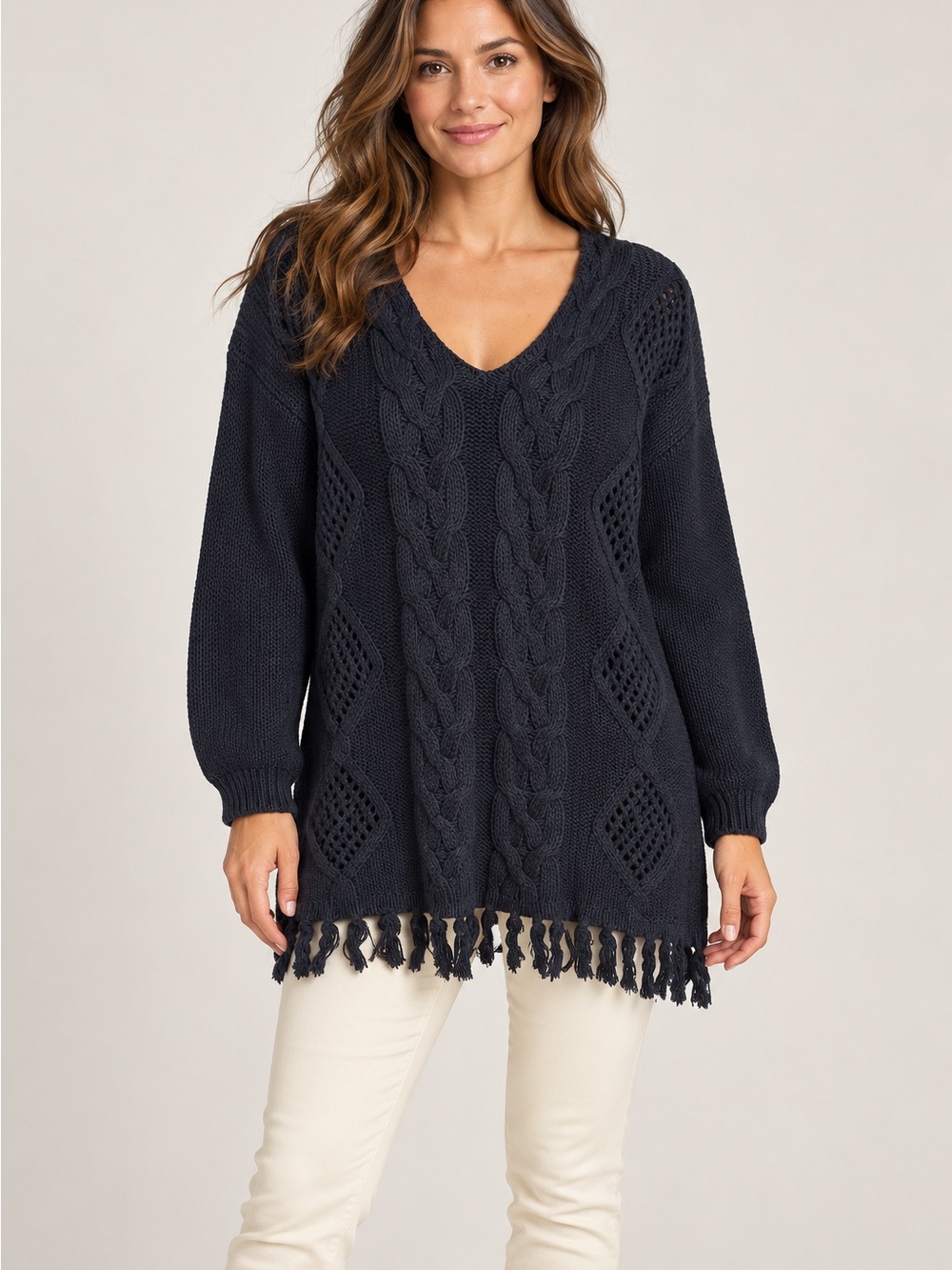 Black Cable Knit V-Neck Sweater with Fringe size M